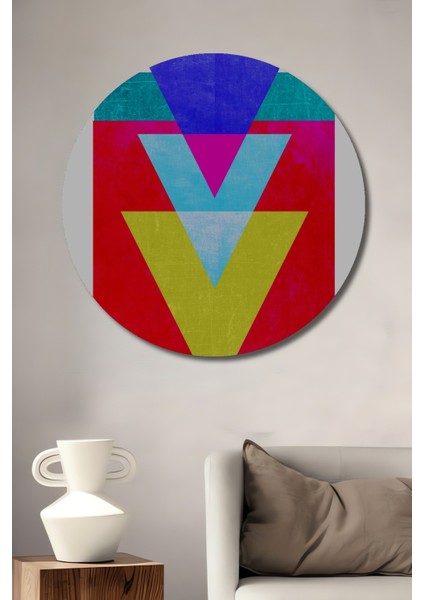 Dekoratif Ahşap Yuvarlak Tablo Renkli Üçgenler Kompozisyonu