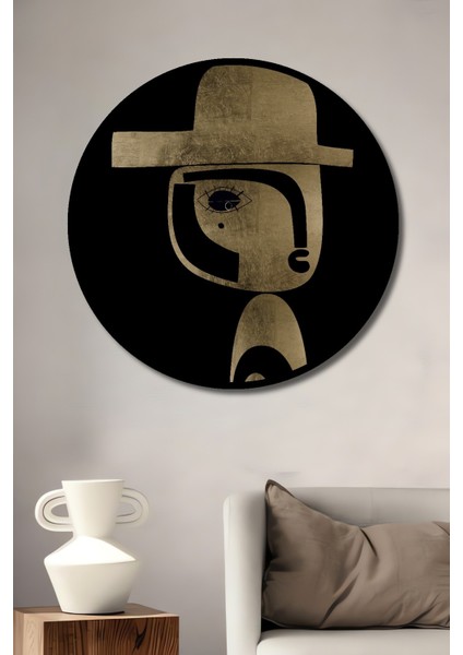 Dekoratif Ahşap Yuvarlak Çerçeve Görünümlü Tablo Altın Yüzlü Şapka