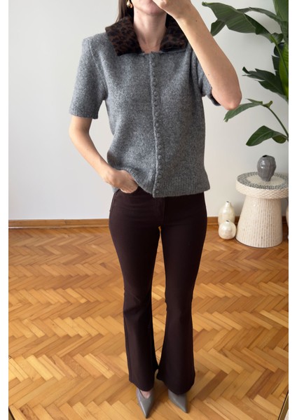 Leopar Yakalı Premium Triko- Gri