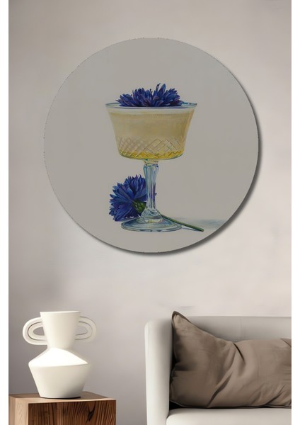 Dekoratif Ahşap Yuvarlak Tablo Mavi Çiçek ve Kadeh