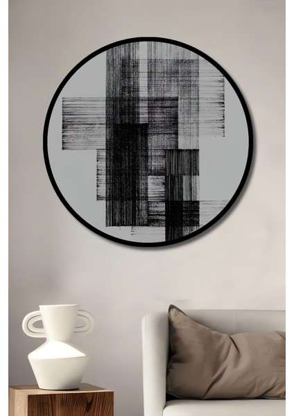 Dekoratif Ahşap Yuvarlak Çerçeve Görünümlü Tablo Siyah Beyaz Geometrik
