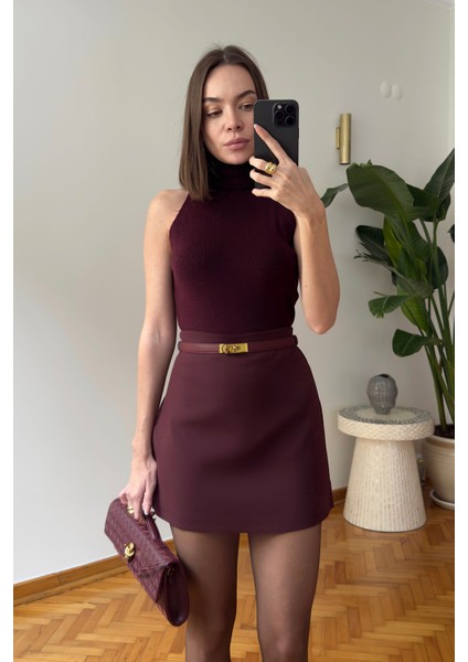 Mini Klasik Düz Marka Etek- Bordo