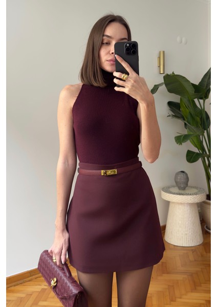 Mini Klasik Düz Marka Etek- Bordo