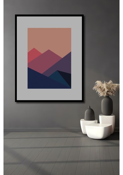 Dekoratif Ahşap Dikdörtgen Tablo Renkli Dağlar Çerçeve Görünümlü