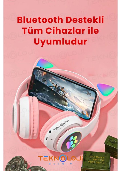 Kedi Kulaklık Kablosuz Bluetooth Kulaküstü Rgb Işıklı Patili Mikrofonlu Katlanabilir modelleri