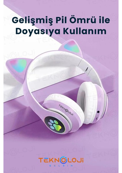 Kedi Kulaklık Kablosuz Bluetooth Kulaküstü Rgb Işıklı Patili Mikrofonlu Katlanabilir fırsatları