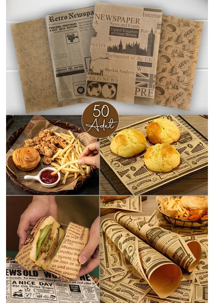 50 Adet Kendinden Desenli Yağlı Kağıt Vintage Gazete Desen Servis ve Sunum Kağıdı Karışık Desen