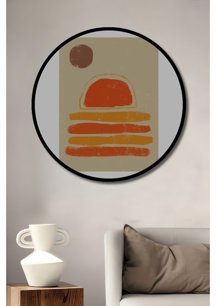 Dekoratif Ahşap Yuvarlak Çerçeve Görünümlü Tablo Gün Batımı Sanatı