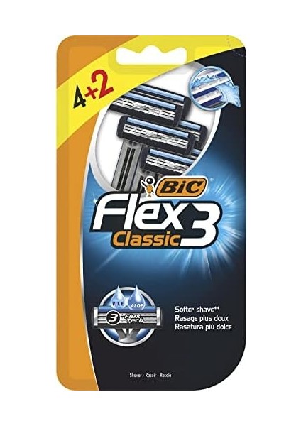 Bıc Flex 3 Erkek Tıraş Bıçağı 6'lı Blister (3 Bıçak), Birbirinden Bağımsız Hareket Edebilen 3 Bıçak, Oynar Başlık, Aloe Vera ile Zenginleştirilmiş Kayganlaştırıcı Jel Şerit