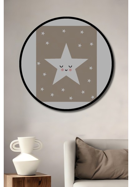 Dekoratif Ahşap Yuvarlak Çerçeve Görünümlü Tablo Sevimli Yıldızlar