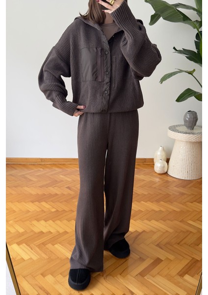 Premium Garnili Fermuarlı Triko Takım- Kahverengi