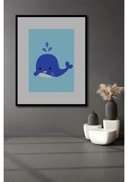 Dekoratif Ahşap Dikdörtgen Tablo Mavi Balina Çerçeve Görünümlü