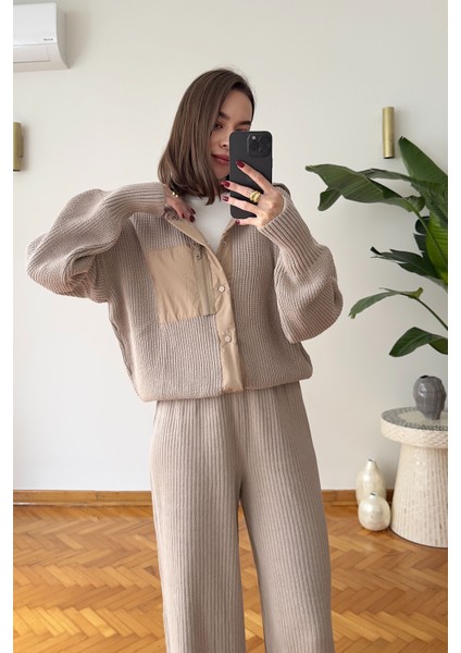Premium Garnili Fermuarlı Triko Takım- Bej