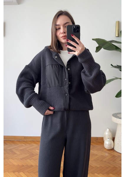 Premium Garnili Fermuarlı Triko Takım- Antrasit