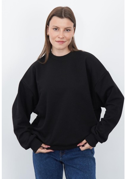 Valeria Kadın 3 Iplik Şardonsuz Pamuk Oversize Bisiklet Yaka Siyah Sweatshirt