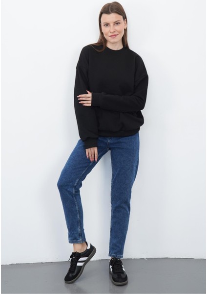 Valeria Kadın 3 Iplik Şardonsuz Pamuk Oversize Bisiklet Yaka Siyah Sweatshirt fiyatları