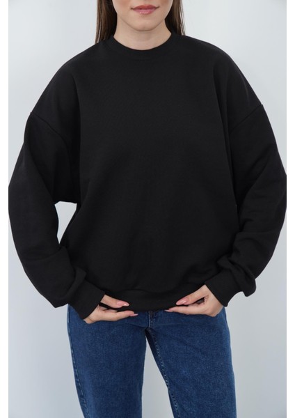 Valeria Kadın 3 Iplik Şardonsuz Pamuk Oversize Bisiklet Yaka Siyah Sweatshirt modelleri