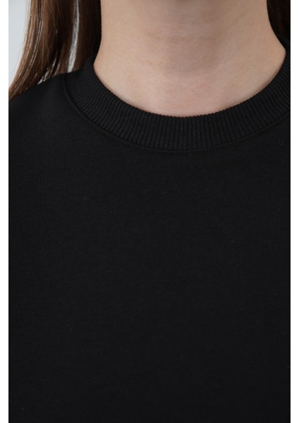 Valeria Kadın 3 Iplik Şardonsuz Pamuk Oversize Bisiklet Yaka Siyah Sweatshirt fırsatları