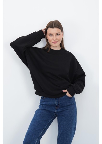 Valeria Kadın 3 Iplik Şardonsuz Pamuk Oversize Bisiklet Yaka Siyah Sweatshirt