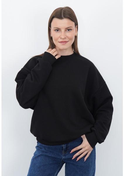 Valeria Kadın 3 Iplik Şardonsuz Pamuk Oversize Bisiklet Yaka Siyah Sweatshirt