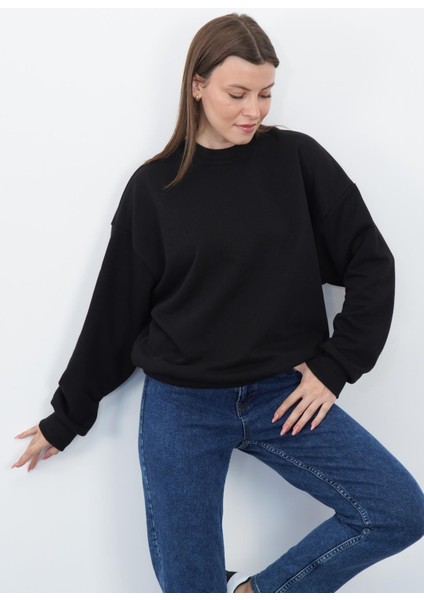 Valeria Kadın 3 Iplik Şardonsuz Pamuk Oversize Bisiklet Yaka Siyah Sweatshirt