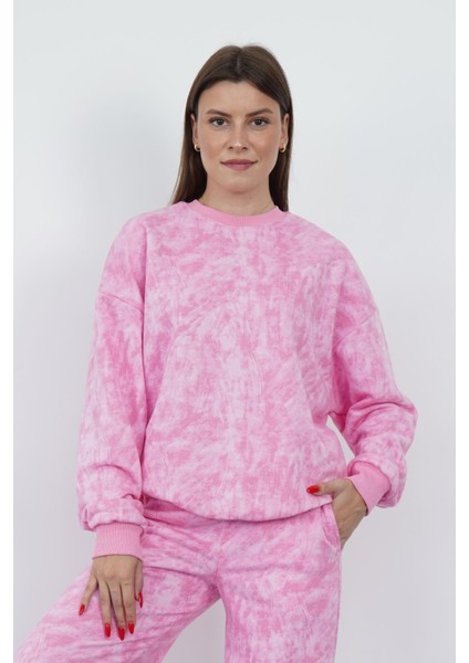 Valeria Kadın 3 Iplik Şardonsuz Pamuk Oversize Bisiklet Yaka Sweatshirt-Pembe Baskılı