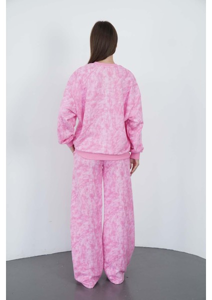 Valeria Kadın 3 Iplik Şardonsuz Pamuk Oversize Bisiklet Yaka Sweatshirt-Pembe Baskılı indirimleri