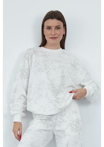 Valeria Kadın 3 Iplik Şardonsuz Pamuk Oversize Bisiklet Yaka Sweatshirt-Ekru-Gri Baskılı