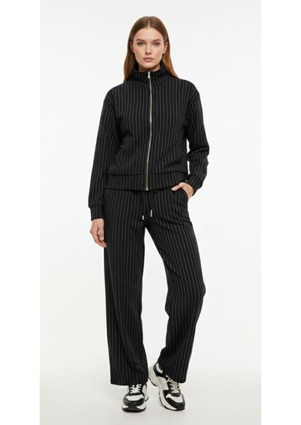 Krep Kumaş Çizgili Likralı Uzun Kol Kadın Eşofman Takım