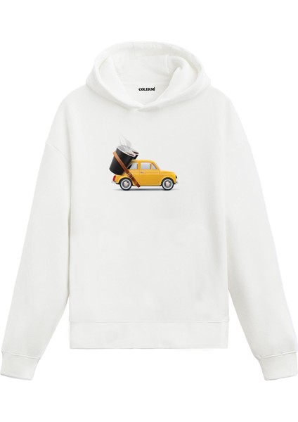 Kahve Araba Baskılı Minimal Hoodie