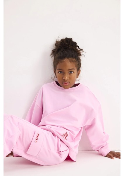 Pembe Oversize Nakışlı Sweatshirt