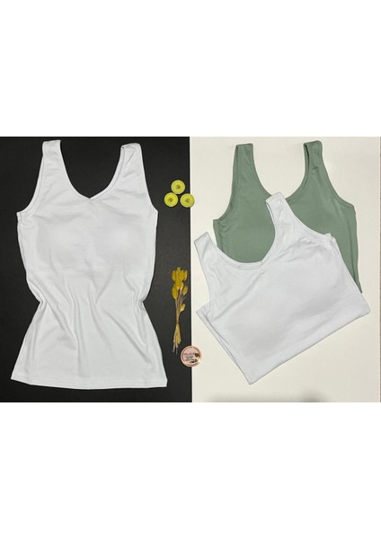 Kadın Atlet Sütyenli V Yaka Modal 1 Adet Yeşil 1 Adet Beyaz Renk Pedli Atlet-Bluz-T-Shirt (Kota)