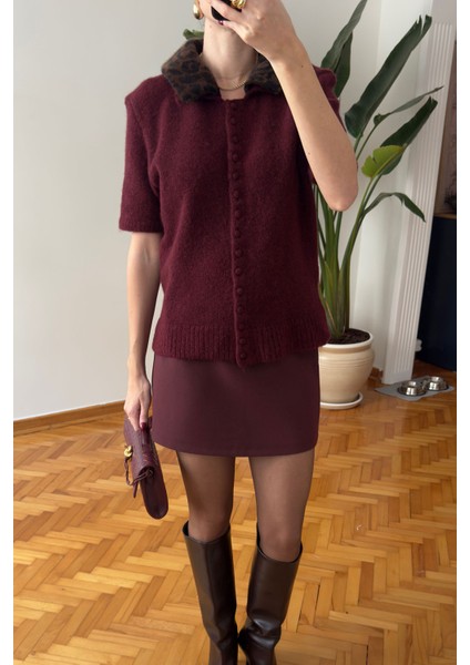 Leopar Yakalı Premium Triko- Bordo