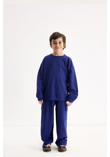 Lacivert Oversize Nakışlı Sweatshirt