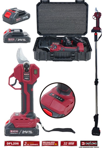 2.1m Teleskopik Uzatma Kızaklı Bakır Sargı Yedek Bıçaklı Şarjlı Dijital Bağ Makas DFL-206