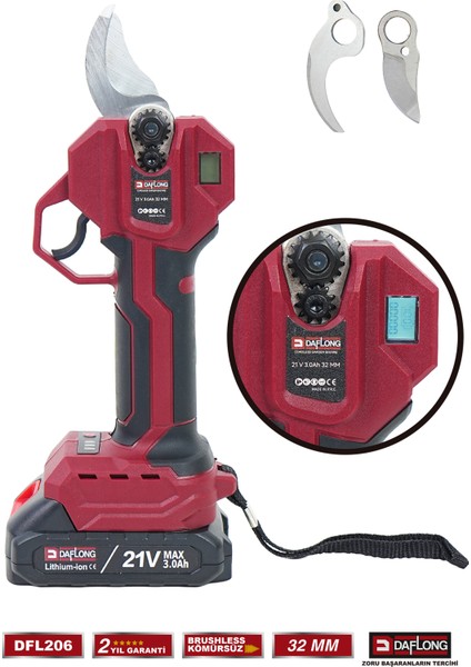 2.1m Teleskopik Uzatma Kızaklı Bakır Sargı Yedek Bıçaklı Şarjlı Dijital Bağ Makas DFL-206 fiyatları