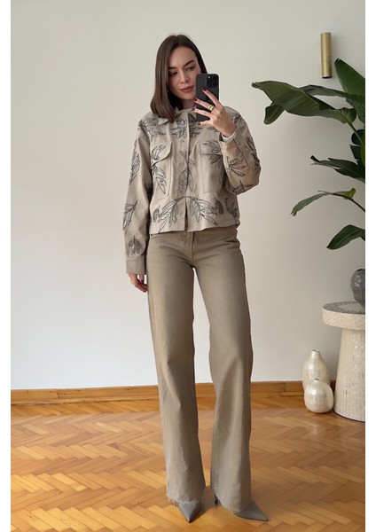 Nakışlı Premium Gabardin Ceket- Bej