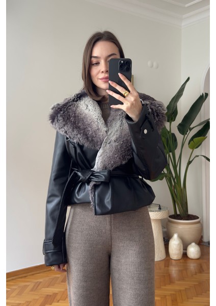 Kürklü Premium Deri Kısa Ceket- Siyah