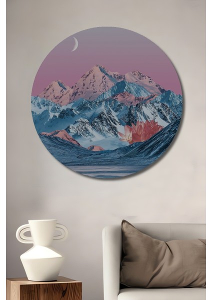 Dekoratif Ahşap Yuvarlak Tablo Pembe Dağlar