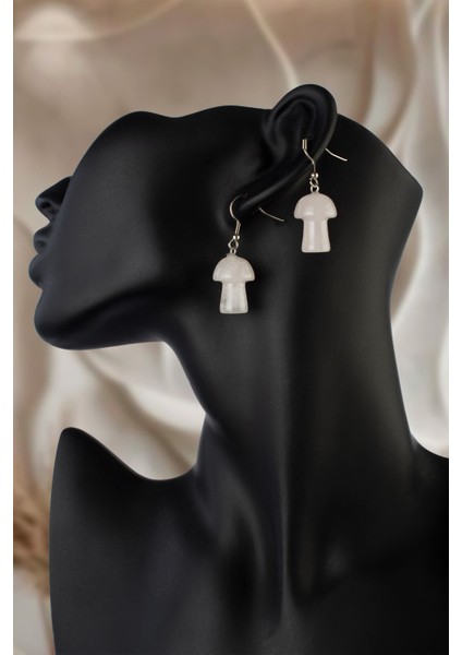 Kristal Kuvars Taşı Mantar Kesim Doğal Taş Küpe