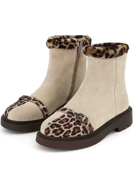 Bej Deri Leopar Detaylı Kürklü Kadın Bot