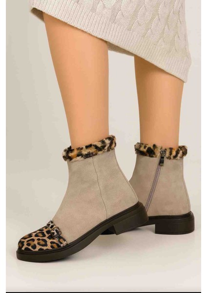 Bej Deri Leopar Detaylı Kürklü Kadın Bot fiyatları