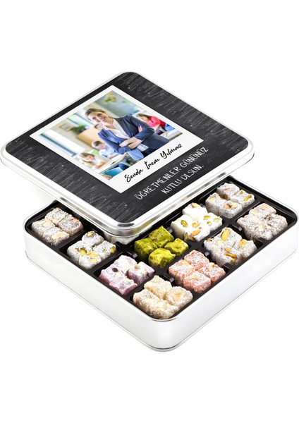 Fotoğraflı Isimli Öğretmenler Günü Hediyesi Karışık Çifte Kavrulmuş Lokum (Metal Kutu)