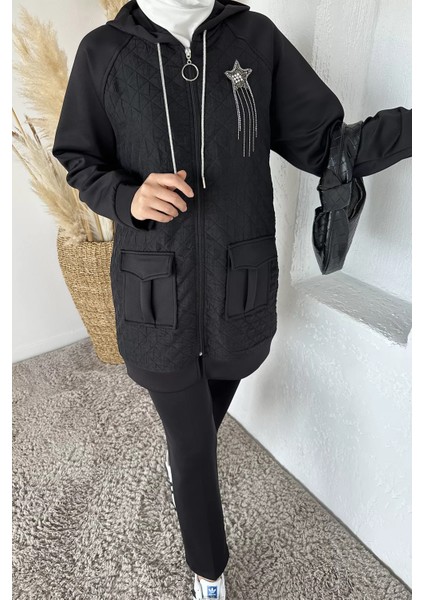 Kapitoneli Broş Detaylı Kapüşonlu Tesettür Tunik Bel Lastikli Pantolon Ikili Takım P-00018862