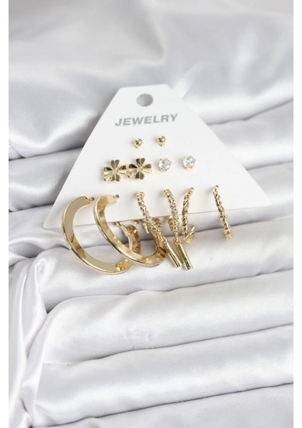 Pirinç Gold Renk 6 Çift Kadın Küpe Seti - TJ-BKP11325