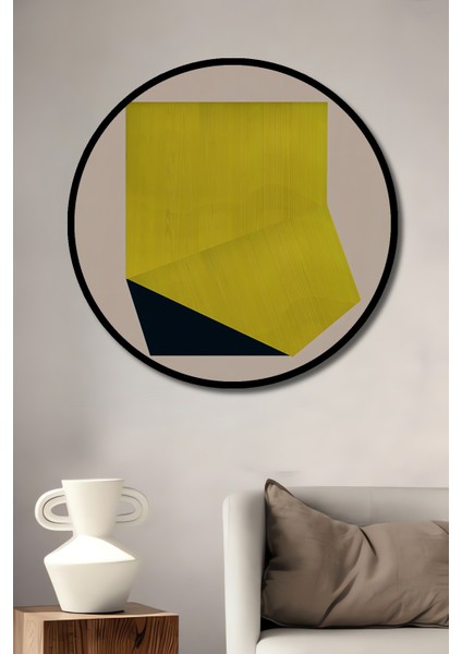 Dekoratif Ahşap Yuvarlak Çerçeve Görünümlü Tablo Sarı Geometri