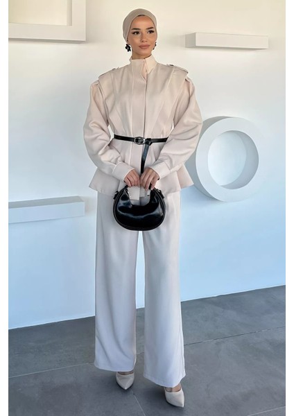 Kemer Aksesuarlı Ceket Bel Lastikli Pileli Pantolon Tesettür Ikili Takım P-00018873 fiyatları
