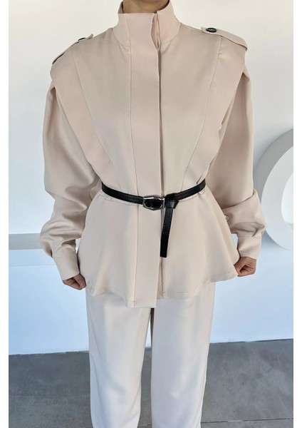 Kemer Aksesuarlı Ceket Bel Lastikli Pileli Pantolon Tesettür Ikili Takım P-00018873 indirimleri