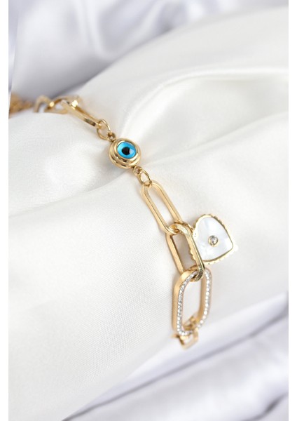 316L Çelik Nazar Boncuğu ve Zirkon Taşlı Kalp Model Gold Renk Kadın Bileklik - TJ-BB7837 modelleri
