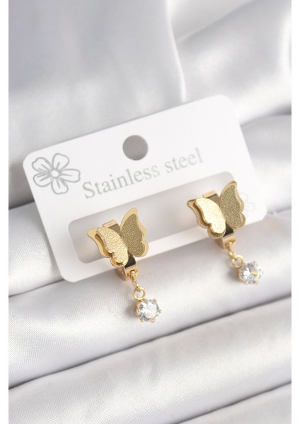 316L Çelik Gold Renk Sallantı Zirkon Taş Detaylı Simli Kelebek Model Kadın Küpe - TJ-BKP10420 fiyatları